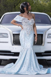 Glamorous Sky Blue One Shoulder Mermaid Lace Up Prom Dress
